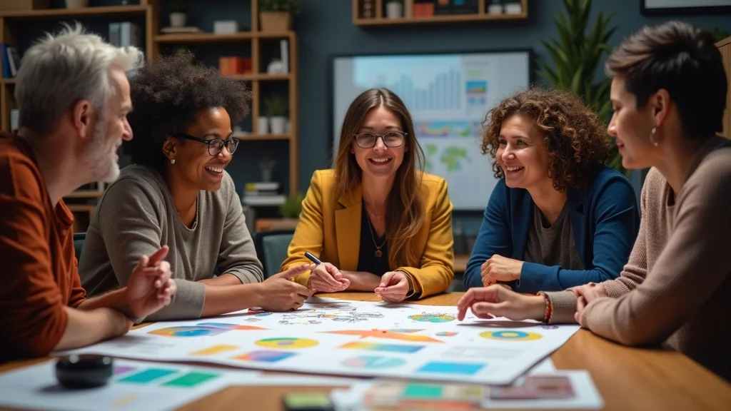 Diverse small business marketing team planning paid website traffic campaigns with ad creative and analytics
