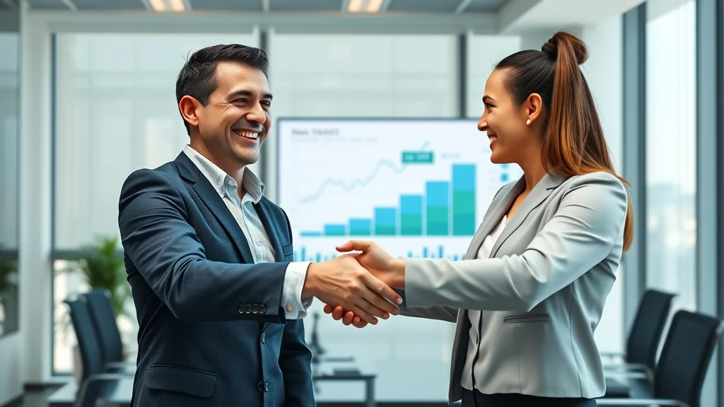 Satisfied business client congratulating an outsourced content creation agency representative, digital growth dashboard in background, symbolizing ROI from outsourced content marketing