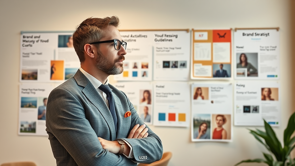 Professional brand strategist arranging mood boards for content creation and brand messaging alignment