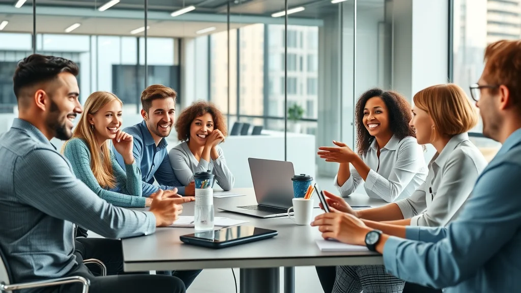 Business team discussing lead generation in digital marketing in a modern office environment with laptops and digital displays, collaboration and strategy session depicted.