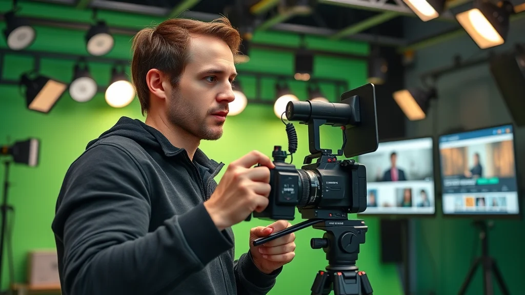 Skilled video marketer producing branded video marketing content with professional camera, studio editing, creative video platform layouts