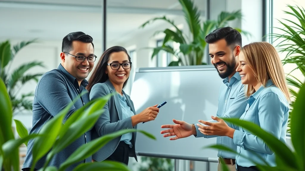 Business team collaborating on repurposing business content for marketing in a modern office with digital whiteboard and laptops