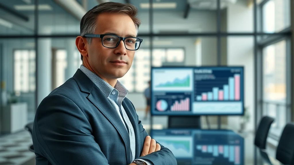 Professional fractional chief marketing officer in a modern office leading strategic market initiatives at digital screen with charts, conveying the role of a chief marketing officer