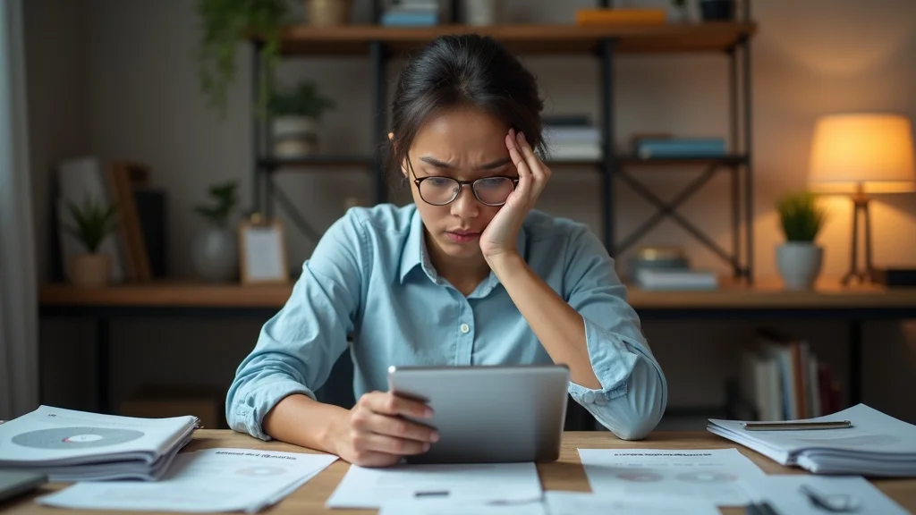 Small business owner reviewing paid website traffic campaign mistakes on a cluttered desk with slow website on tablet