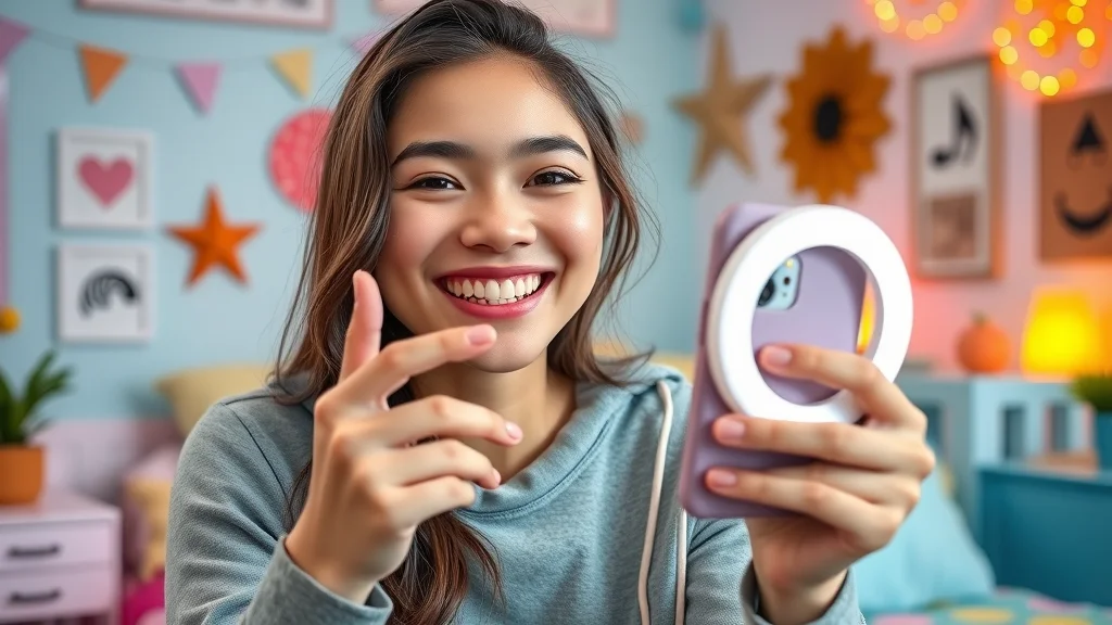 Gen Z influencer livestreams with smartphone and ring light, using video content as leading digital marketing trend for growth.