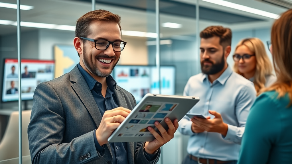 Confident marketing leader reviewing agency portfolio samples for content writing and media creation service