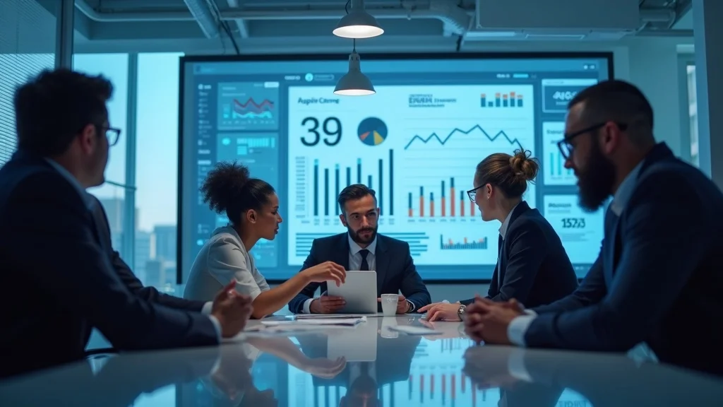 Social media agency professionals collaborating on social media strategy with digital marketing dashboards in a modern office
