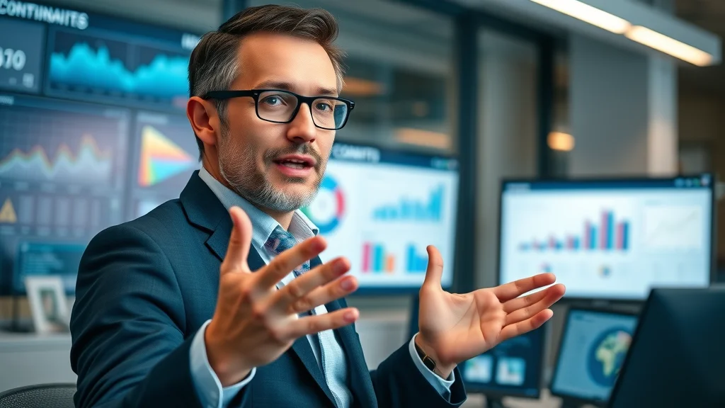 Confident marketing agency professional presenting content analytics and digital marketing strategies in hi-tech workspace