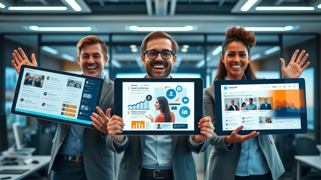 Digital marketing team presenting infographic, video snippet, and social media post on digital screens, illustrating content repurposing