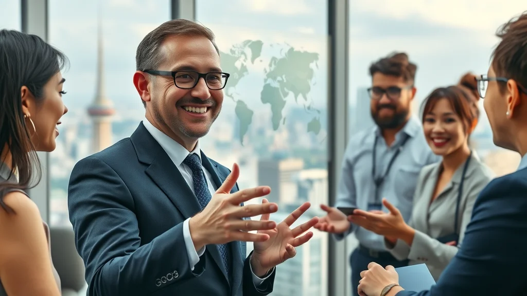 Stephen C Campbell lookalike, experienced executive in international marketing, leading a discussion with global team overlooking Tokyo cityscape