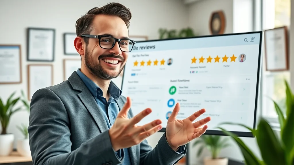 Business owner monitoring positive business review dashboard, showing digital marketing impact on lead generation and reputation.