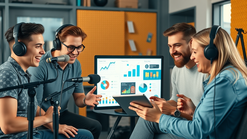 Creative digital media team recording a podcast and making infographics—media content creation agency