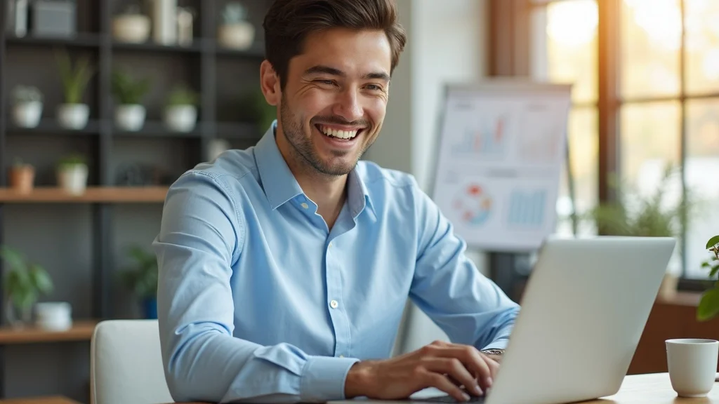 Small business owner analyzing paid website traffic and digital marketing campaign analytics on a laptop in a professional office