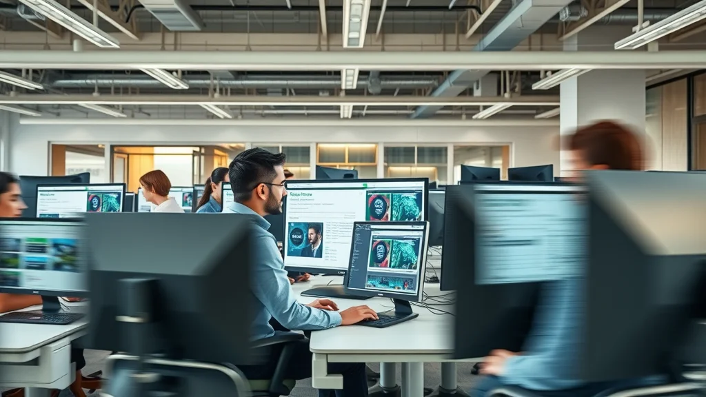 Outsourced content creation agency team efficiently producing content at modern open-plan office workstations, highlighting marketing agency collaboration and content writing at scale