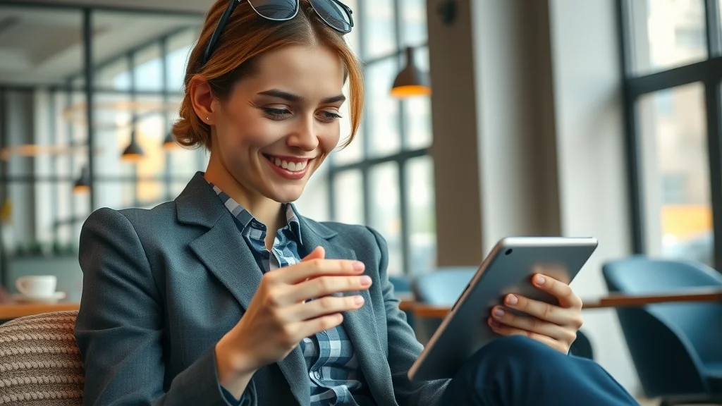 Professional reading a lead generation-focused email campaign on a smartphone in a contemporary café, smiling at targeted offers and content.