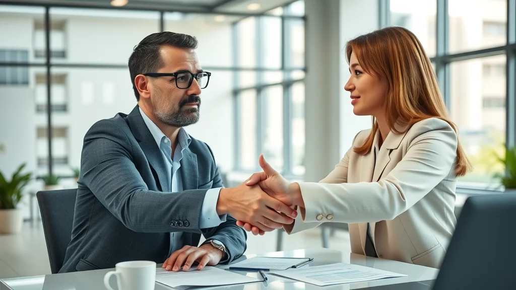 Business decision meeting with business owner and fractional chief marketing officer consultant sealing agreement, emphasizing strategic market and leadership