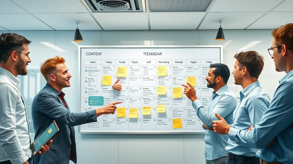 Professional content team at an outsourced content creation agency planning recurring topical content using a large digital calendar in a vibrant office, highlighting strategic content production workflows