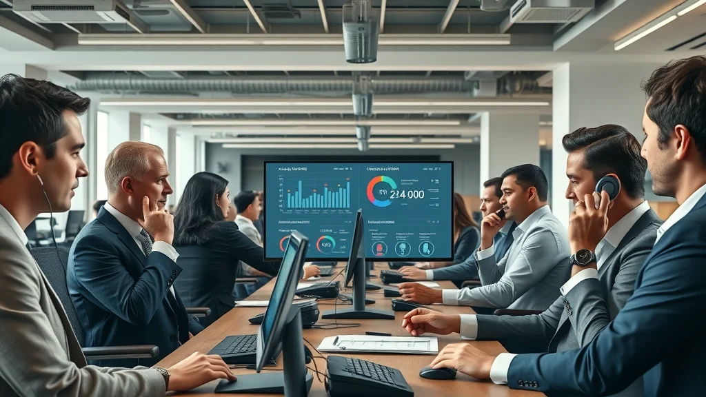 Busy London law office with AI interface handling call answering and legal enquiries – team using central call analytics dashboard in real time.