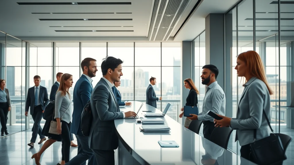 Modern London law firm office with professional reception and AI call answering services visible, glass partitions, London skyline, and natural daylight – emphasizing advanced call handling technology for legal practices in Greater London.