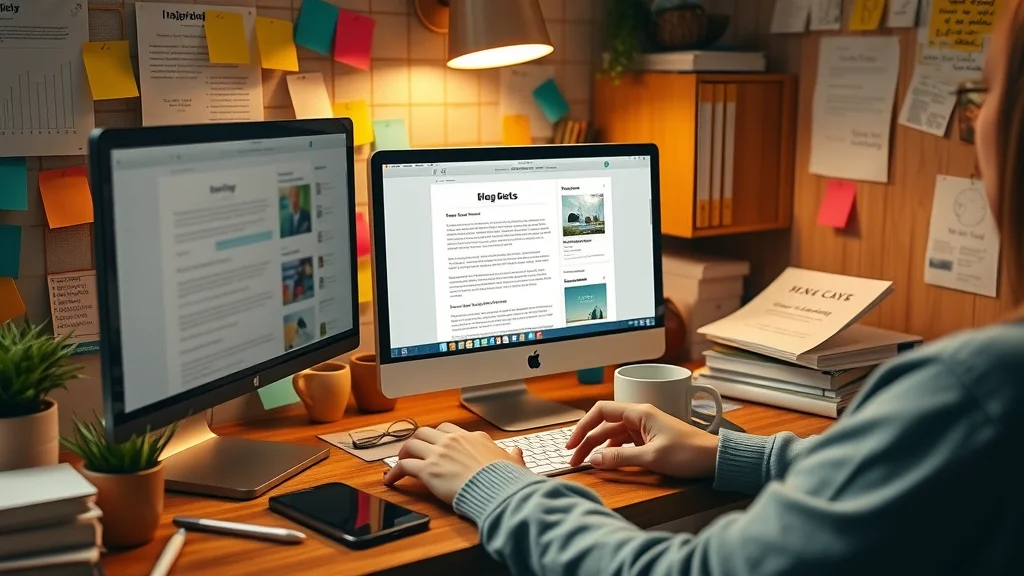 Creative professional writing a blog post for lead generation, surrounded by reference materials and digital marketing resources in a warm, productive office space.