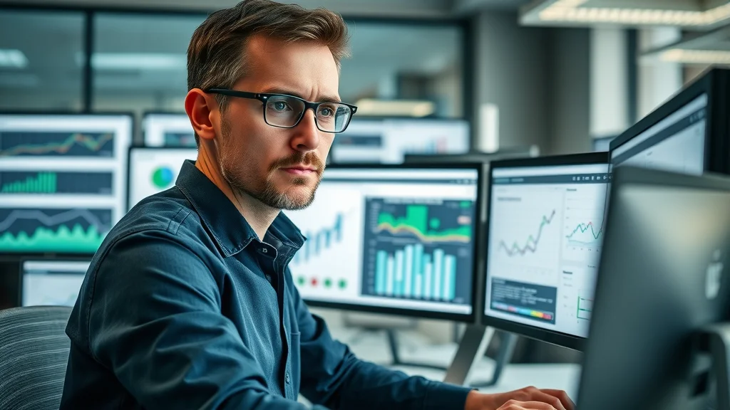 Marketer reviewing analytics and metrics for repurposing business content for marketing on dual monitors in a professional office