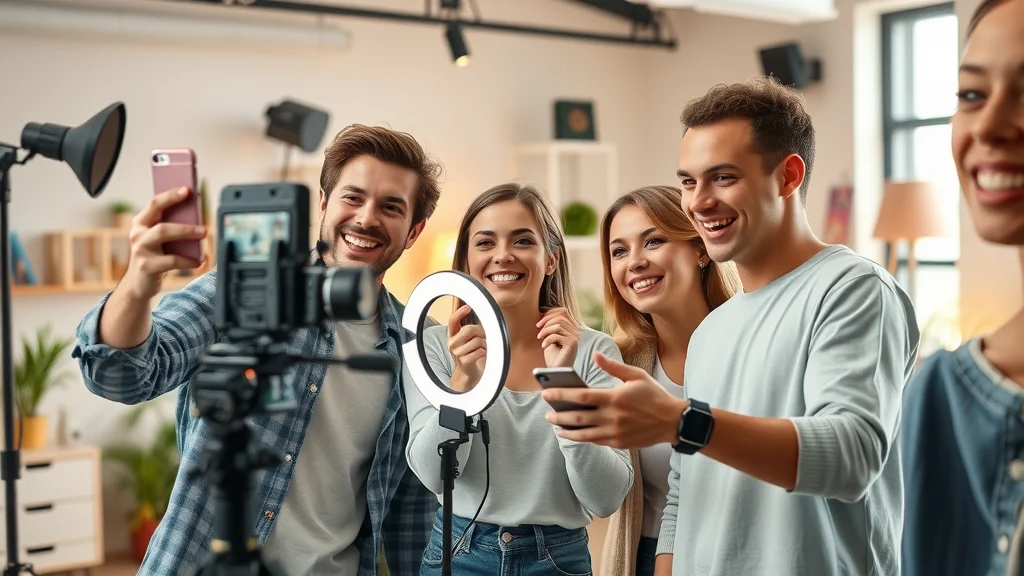 Young content creators at an outsourced content creation agency recording engaging short-form social media video in a creative studio, exemplifying video marketing agency impact