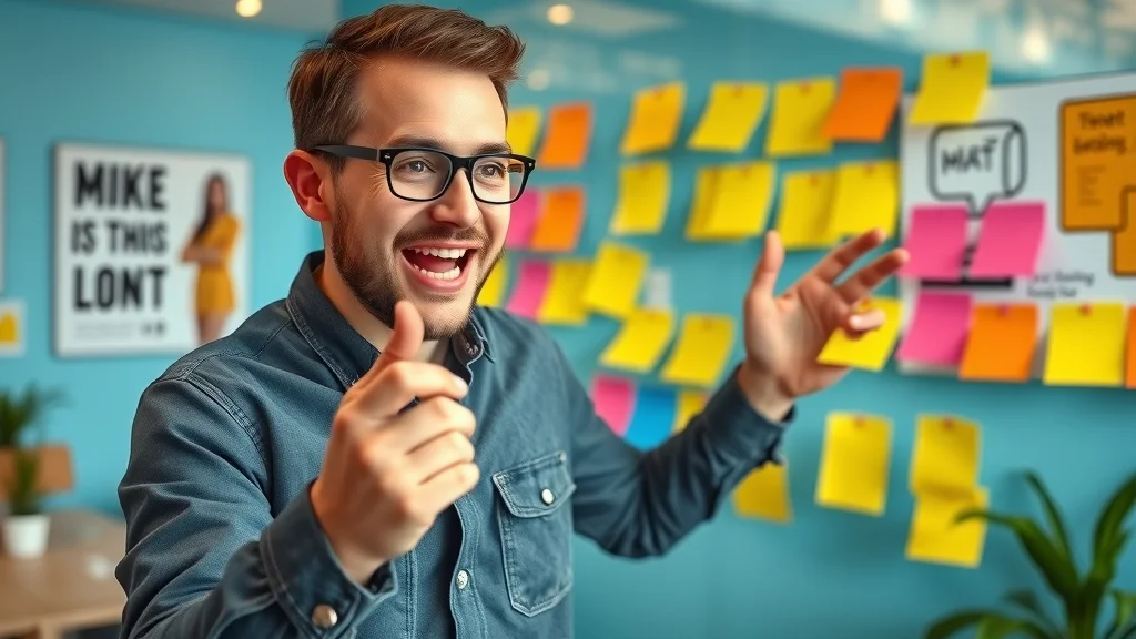 Marketer planning repurposing business content for marketing on colorful sticky notes, in a vibrant agency office