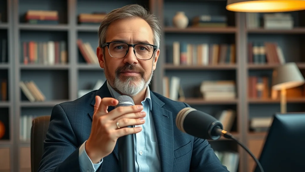 Industry leader discussing content repurposing in a high-end executive office with microphone and bookshelves