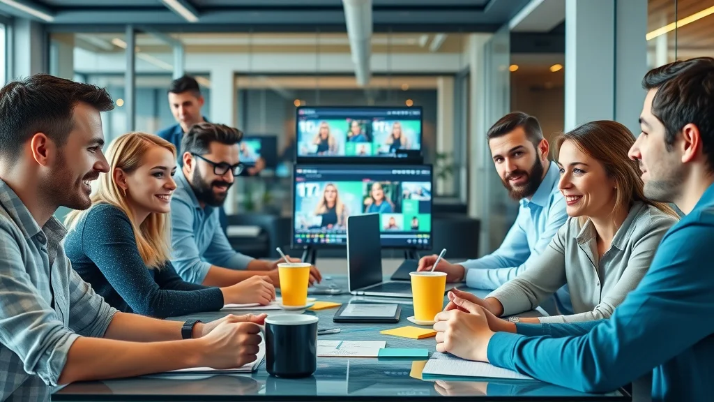 video marketing agency team brainstorming creative video content, branded office workspace, video editing, ultra high-definition, natural lighting, cool blues accents