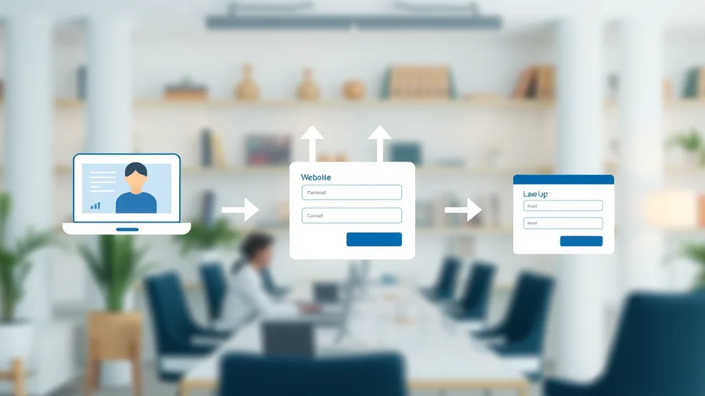 Infographic illustrates the process from website visit to lead capture in digital marketing, featuring digital forms and modern icons in a clean, blue and white office background.