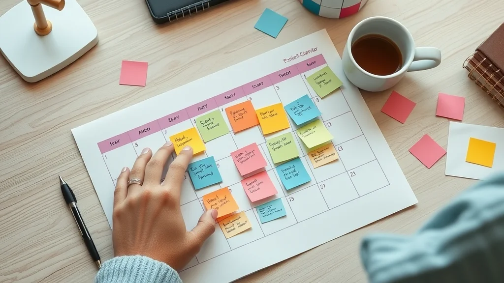 Color-coded social media content calendar planning business-aligned content themes in a neat, structured workspace