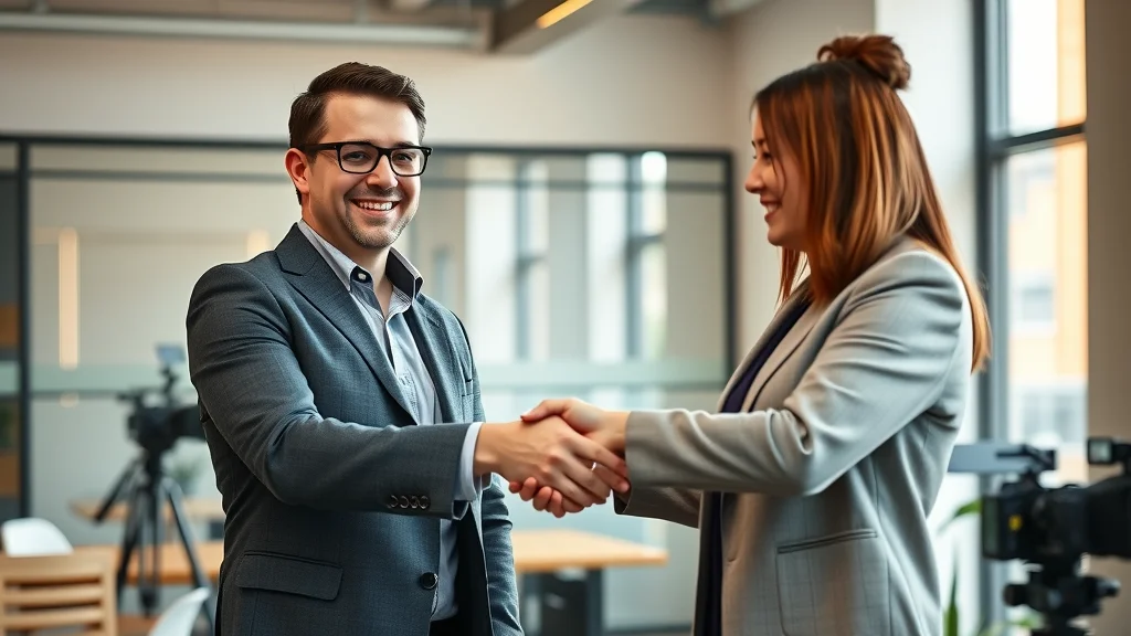 Brand manager shakes hands with video production agency in London office - video production company