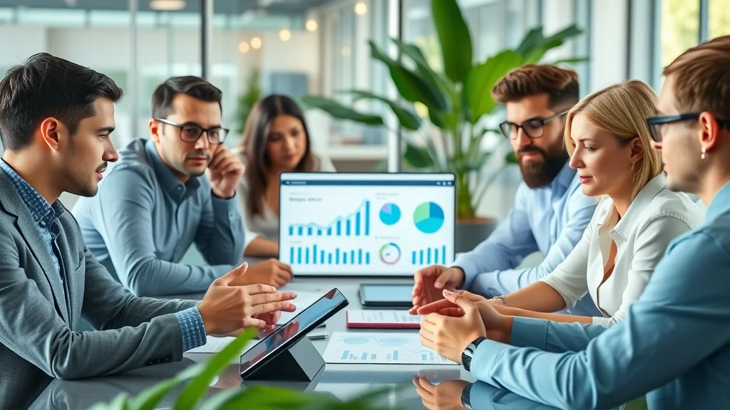 Modern marketing team collaborating on demographics vs interest based market targeting strategy, showing marketers analysing audience data and campaign charts in a bright office