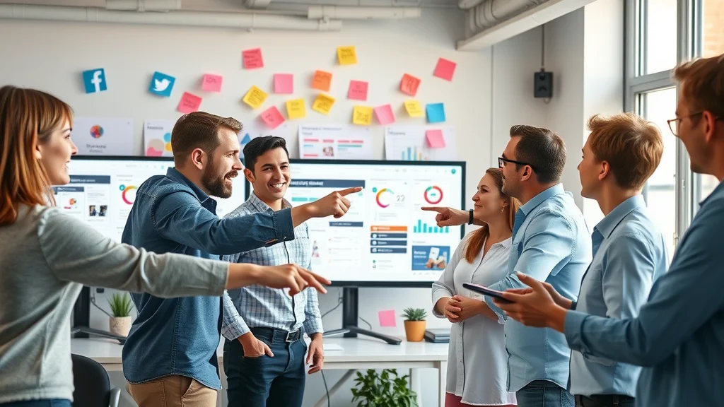 Collaborative digital marketing team connecting display ads, social media, content, and video strategies for unified campaigns