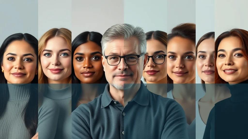 Split-screen illustration of diverse audience representing key demographic parameters like age, gender, ethnicity and income for market targeting