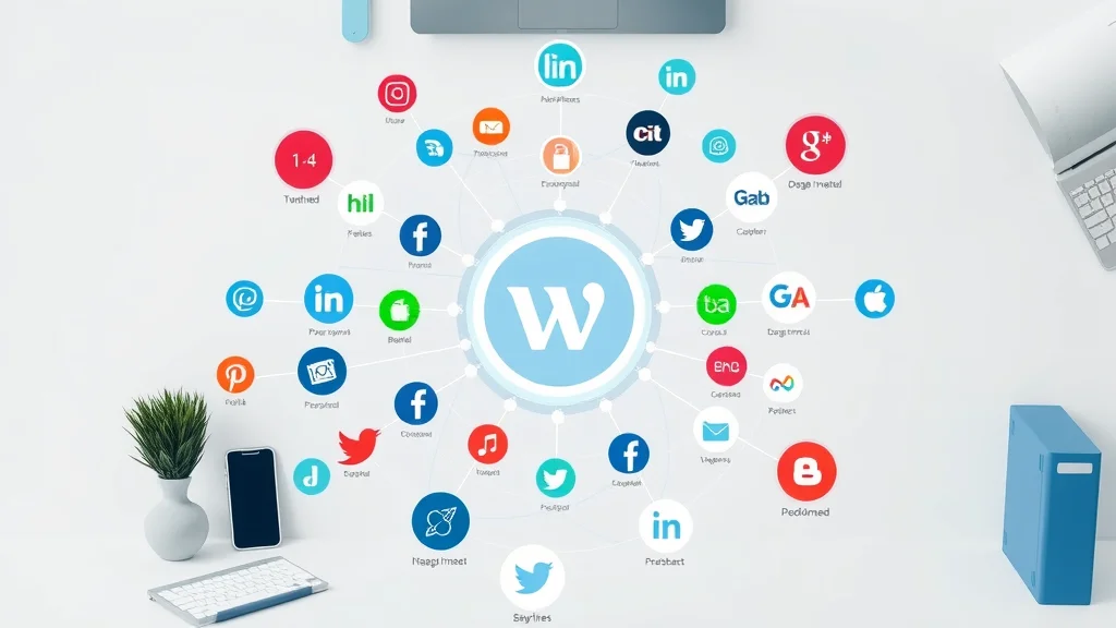 Infographic showing interconnected icons for a social media content strategy and brand marketing across multiple media platforms