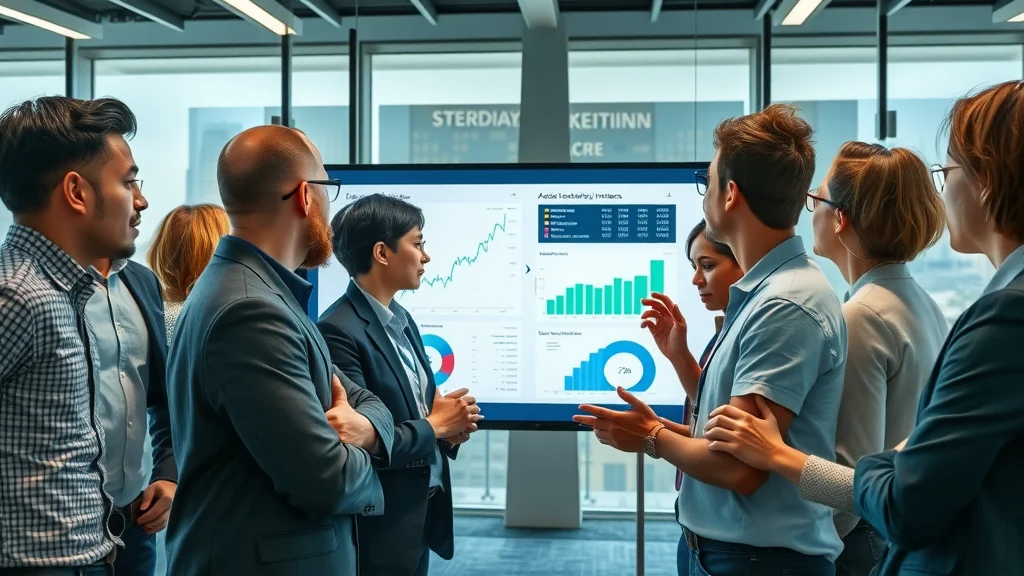 Diverse marketers analysing digital trends for audience targeting, focusing on demographic and interest charts in a digital marketing boardroom