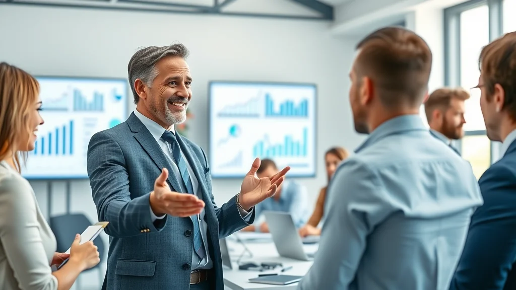 Friendly consultant explaining digital marketing expansion to small business leaders in conference room with digital marketing graphs