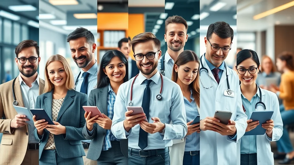 Collage of leaders from retail, tech, healthcare, and finance building their company digital marketing footprint in unique work environments