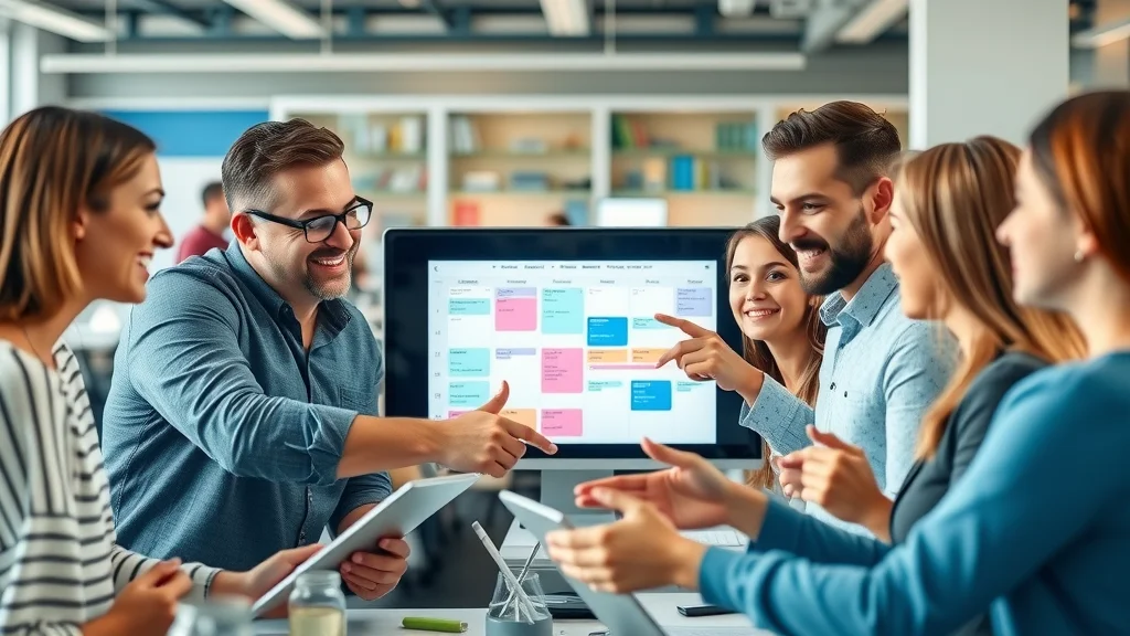 Digital marketing team building a social media content strategy around a vibrant content calendar with lively discussion in a modern office