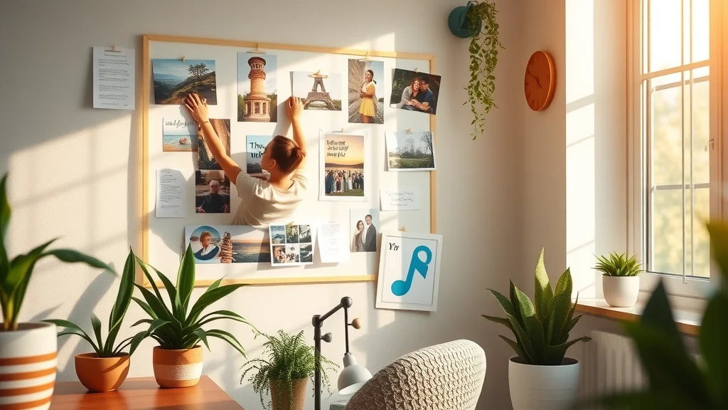 Creative workspace with motivational vision board used for inspirational social media content strategy
