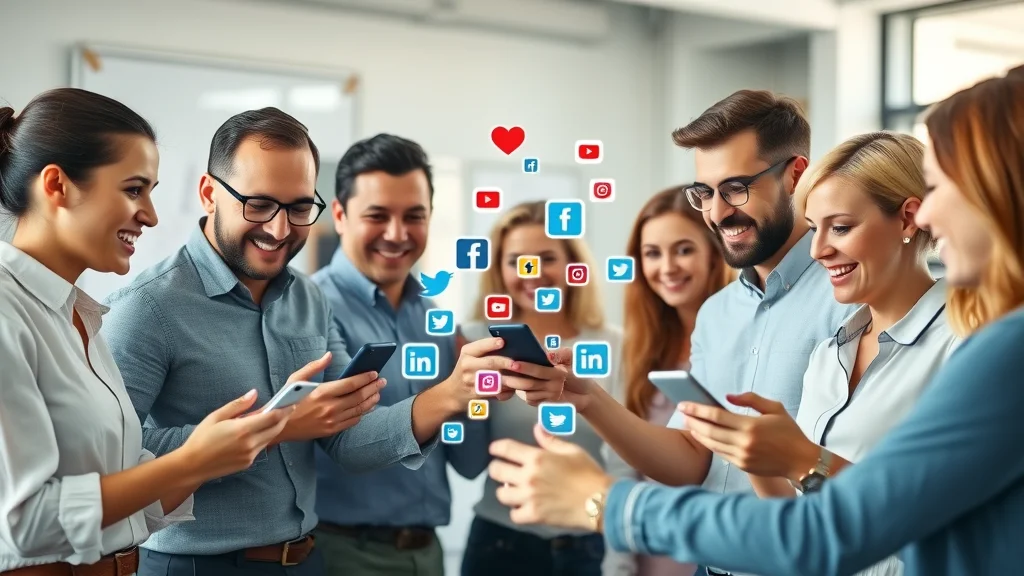 Team managing company brand on social media platforms for digital marketing footprint expansion