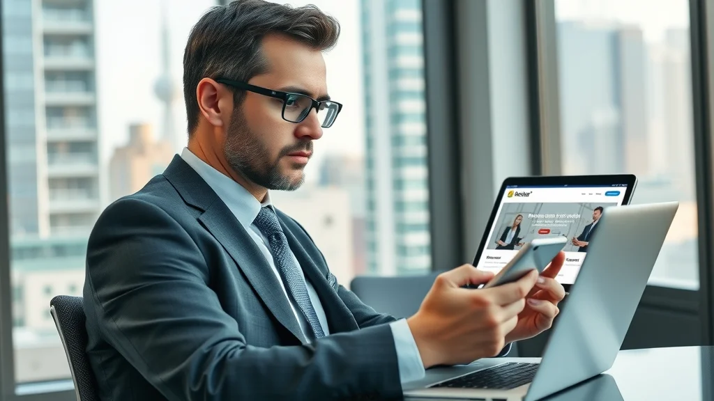 Business leader viewing digital marketing footprint and brand content on multiple devices in modern office workspace