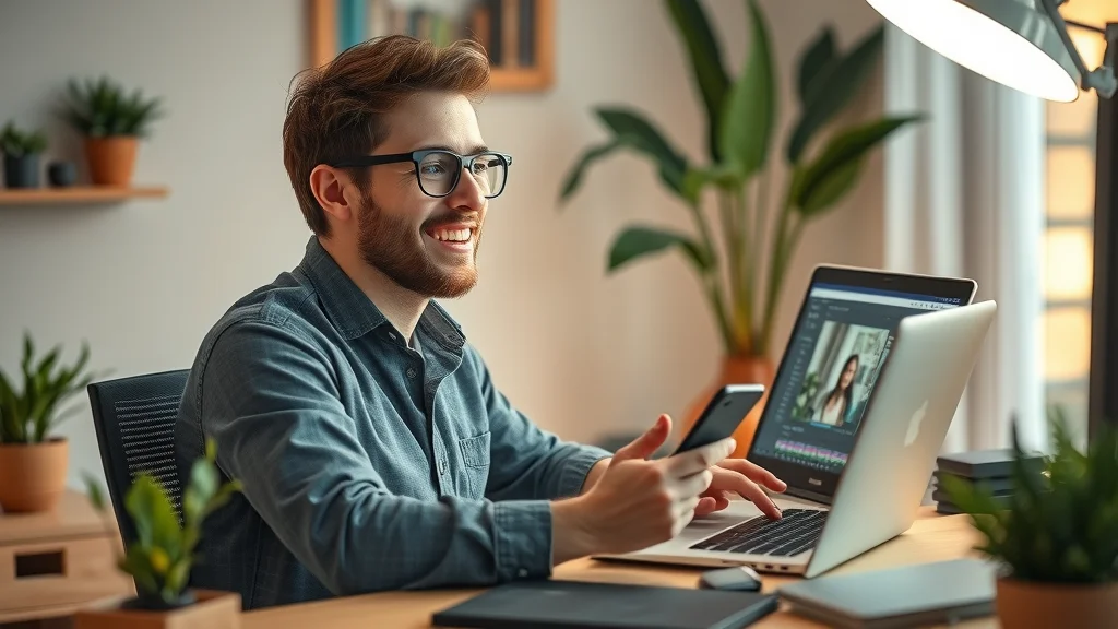 Energetic solo marketer editing short form video content for business marketing in a cozy home office.