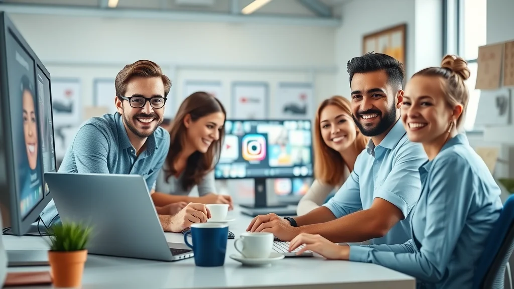 Vibrant small business marketing team collaborating on short form video content for business marketing in a modern office, with TikTok, Instagram, and YouTube logos on screens.