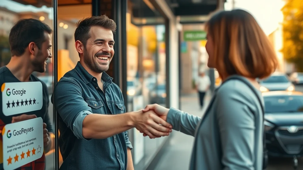 Small business owner establishing trust with customer through Google review sticker on shopfront.