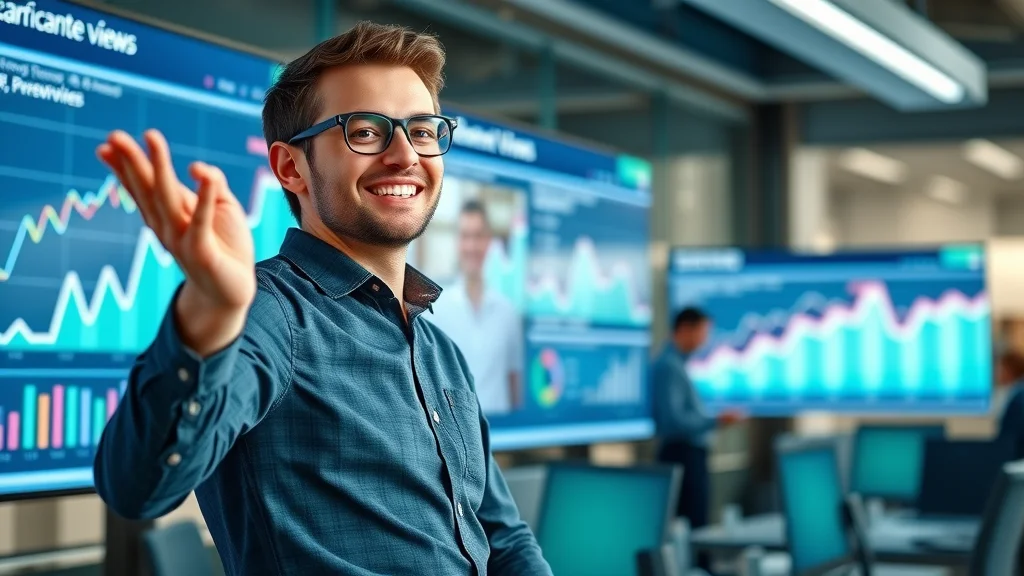 Dynamic digital marketer presenting analytics on short form video content for business marketing performance, featuring a digital dashboard with rising video views.