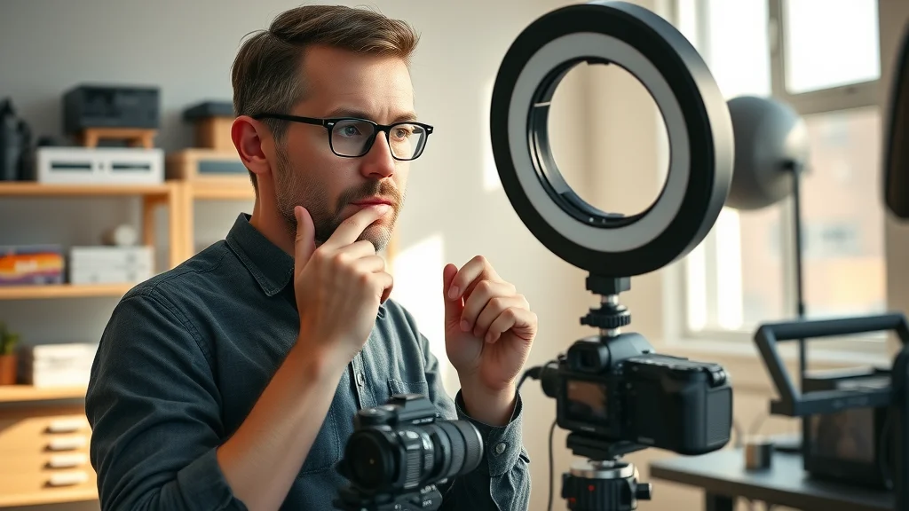Resourceful marketer troubleshooting video setup for short form video content creation in a compact studio.