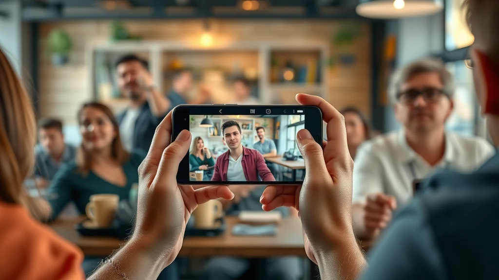 Sleek smartphone displaying a trending short form video, engaging viewers in a modern cafe setting, showing authentic excitement for short form video content for business marketing.