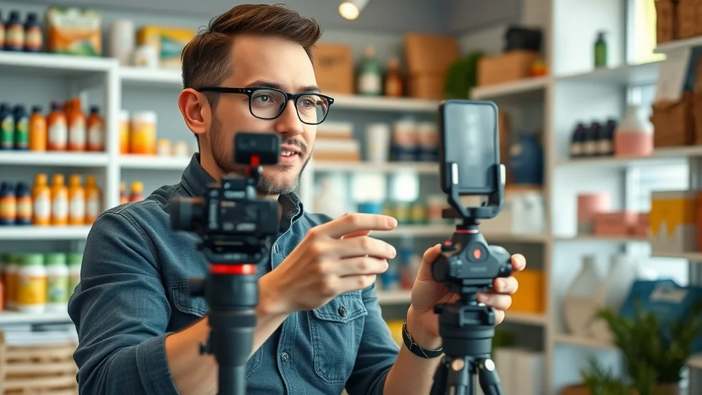 Friendly business owner filming a product tutorial for short form video content for business marketing in a small shop.